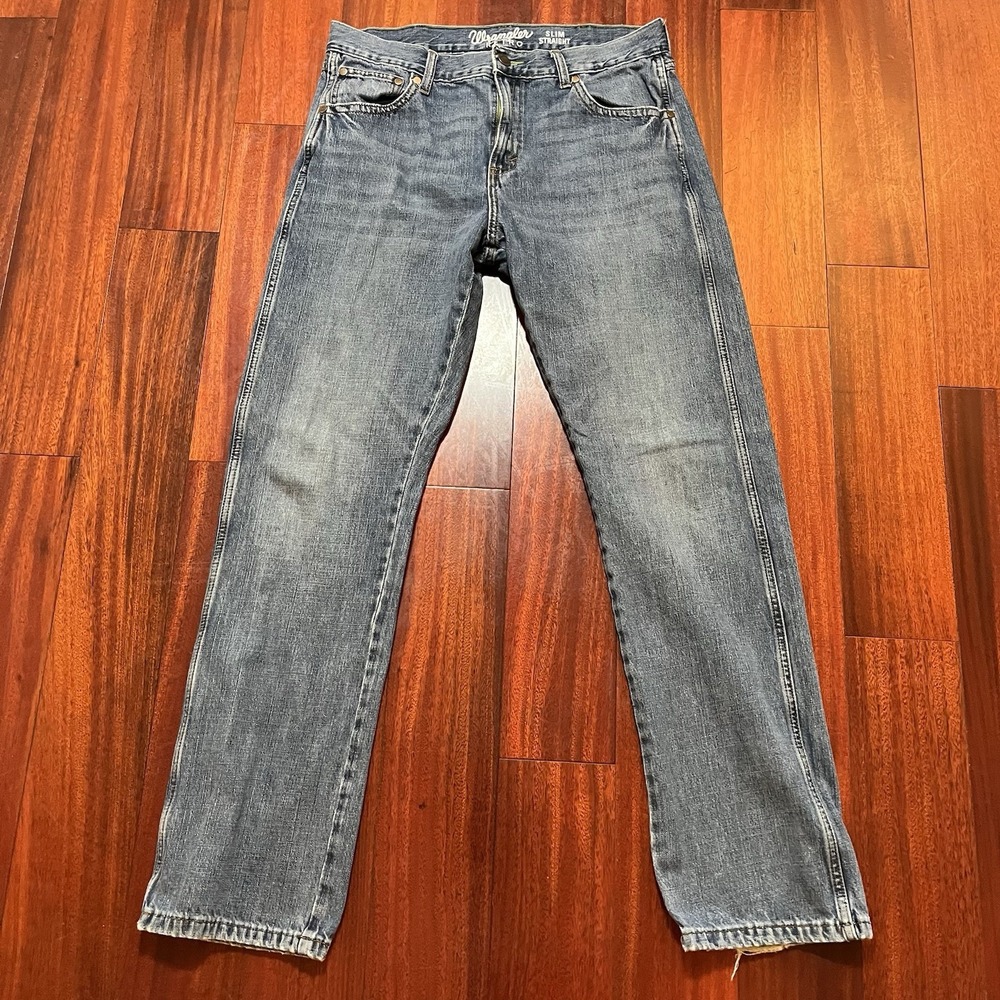 Wrangler Retro Slim Straight Jeans Mens 34x33 Blue Light Wash Grunge 112318445
